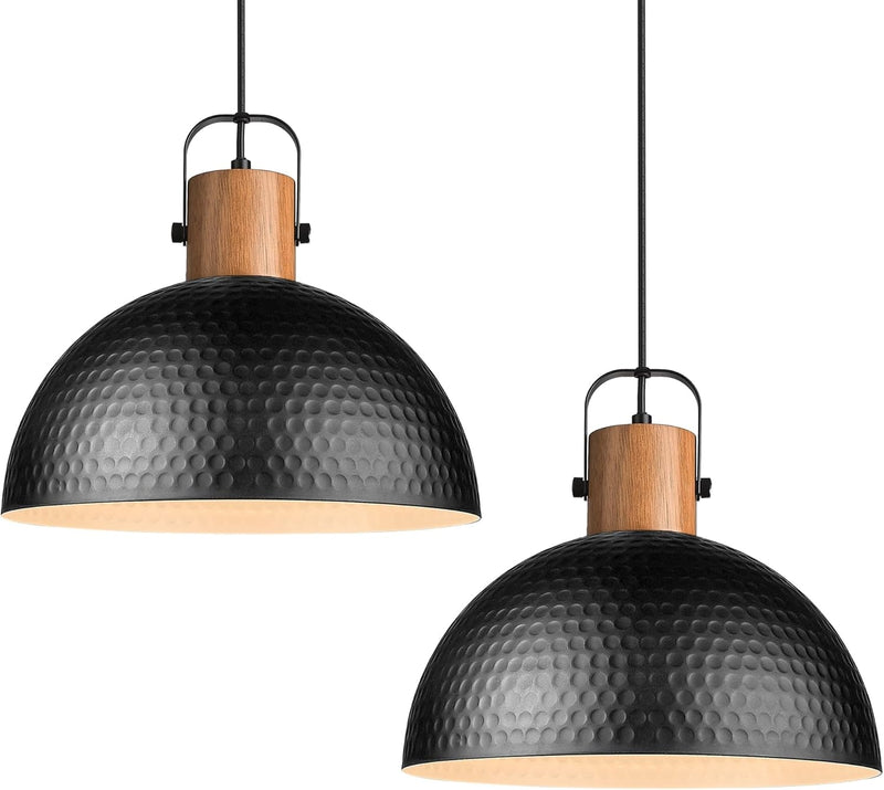 ELYONA Large Pendant Light Fixtures, 16 Inch Wood Dome Ceiling Hanging Lamp with Hammered Metal Shade, Black Modern Chandelier for Kitchen Island, Bar, Farmhouse, Dining Room, Hallway