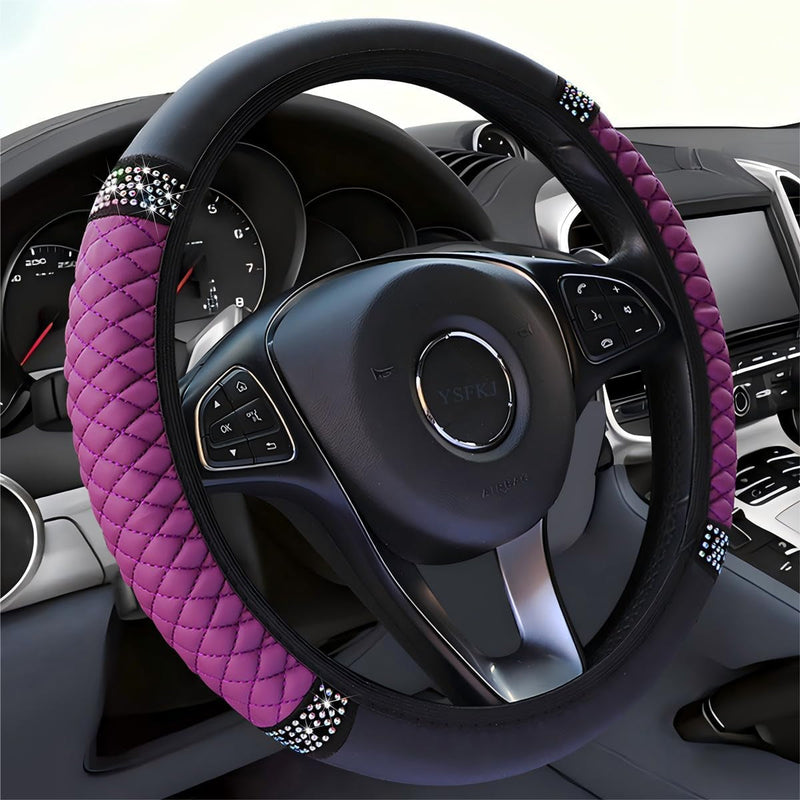 Diamond Leather Steering Wheel Cover Universal 15 Inch with Bling Bling Crystal Rhinestones, Anti-Slip Car Steering Wheel Protector for Women Girls (Black)