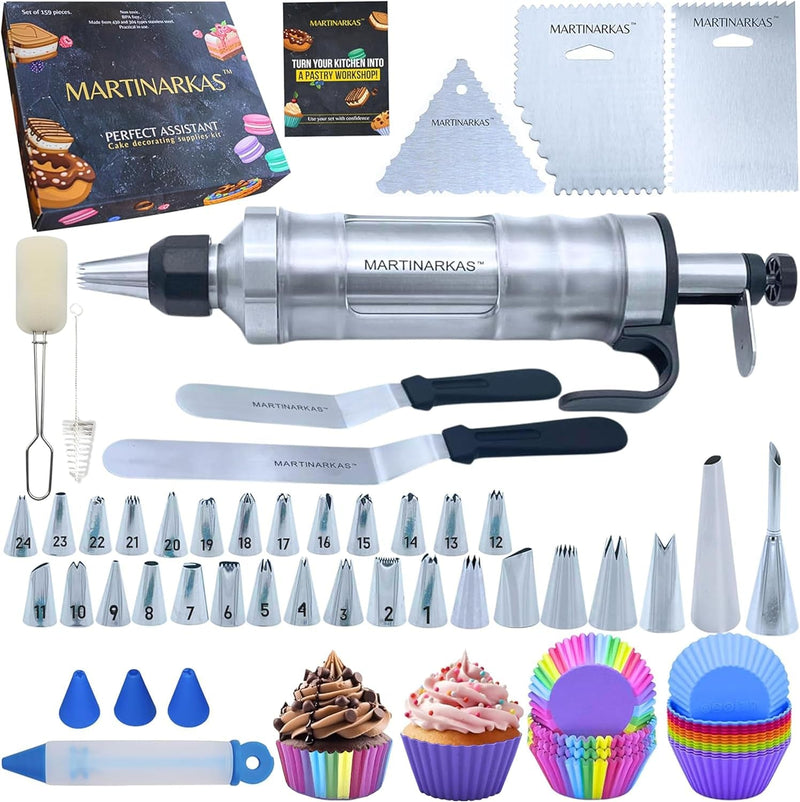 Cake Decorating Kit, 159 Baking Supplies, Icing Gun with 30 Piping Tips, Frosting Piping Kit for Beginners or Professionals: Cupcake Liners, 2 Spatulas, 3 Scrapers, Silicone Cups & More