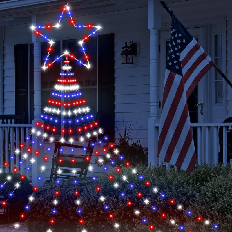 12Ft 4Th of July Decor Light 357 LED 8 Modes Plug in Curtain Lights Red White and Blue String Lights Patriotic Star Light for Independence Day Indoor Outdoor Veterans Memorial Day Party Decor