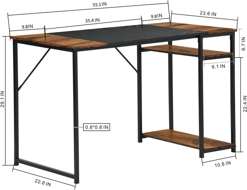 Furniturer 55 Inch Study Writing Table with Storage Shelves Space Saving for Home Office, Modern Style PC Metal Frame Computer Desk, Black&Brown