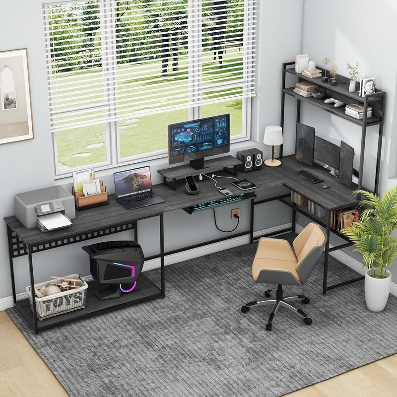 83 Inches U Shaped Desk with Power Outlet, L Shaped Office Desk with LED Lights and Monitor Stand, Reversible L-Shaped Computer Desk Suitable for Home Office, Corner, Gaming, Grey