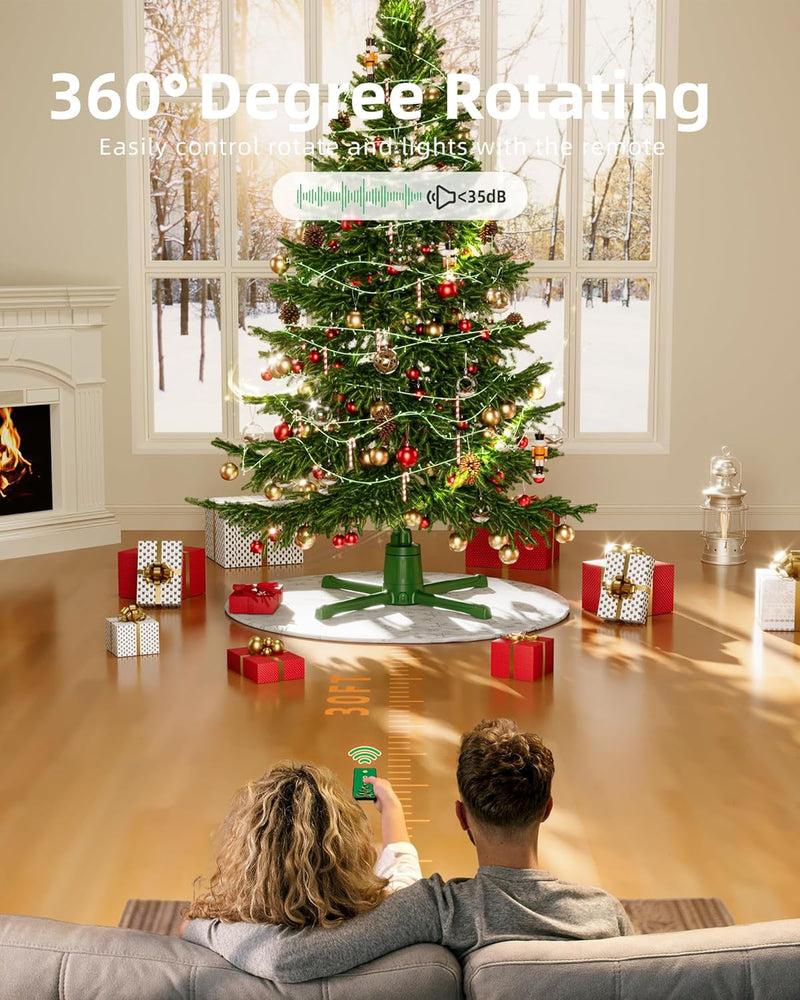 2024 Upgrade Rotating Christmas Tree Stand for 6Ft 7.5Ft 9Ft Artificial Tree, 4 Built-In Electric Outlets Xmas Tree Stand with Remote Control, 360 Degree Revolving Tree Base Holder