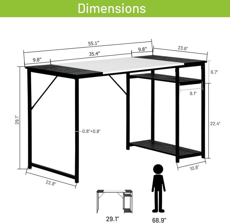 Furniturer 55 Inch Study Writing Table with Storage Shelves Space Saving for Home Office, Modern Simple Style PC Metal Frame Computer Desk, Black&White