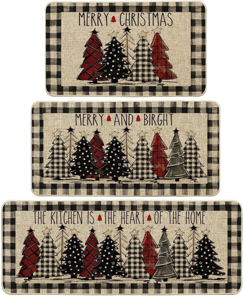 Artoid Mode Buffalo Plaid Xmas Tree Merry Christmas Kitchen Mats Set of 2, Winter Home Decor Low-Profile Kitchen Rugs for Floor - 17X29 and 17X47 Inch