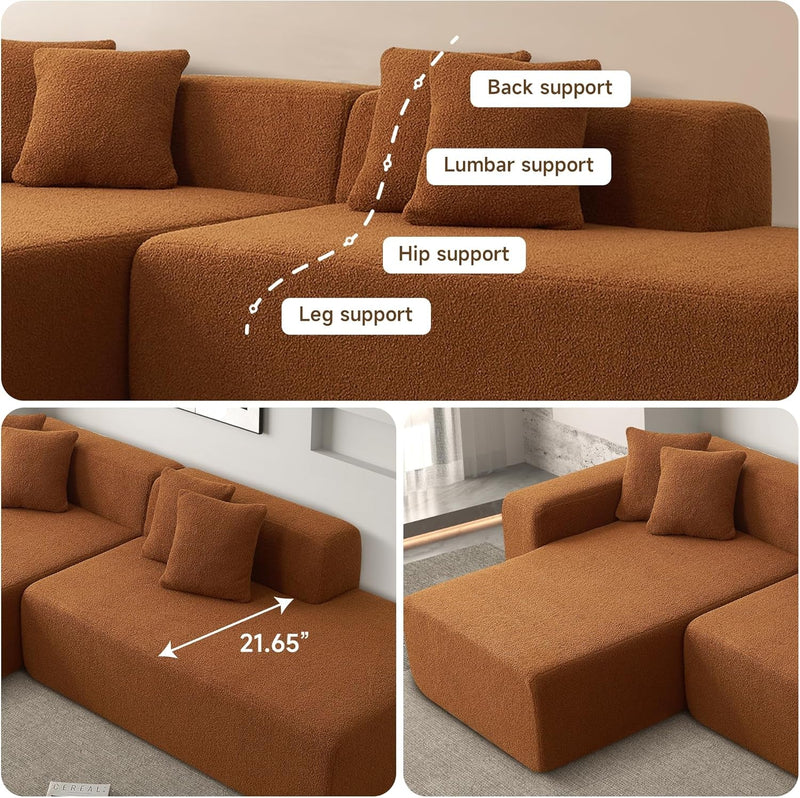 105'' Modular Sectional Couch, Modern L-Shape Sectional Sofa with Chaise Lounge, Comfy Lambswool Fabric Corner Sofa Couch, Upholstered 4 Seater Couch for Living Room, Bedroom, Apartment,Orange