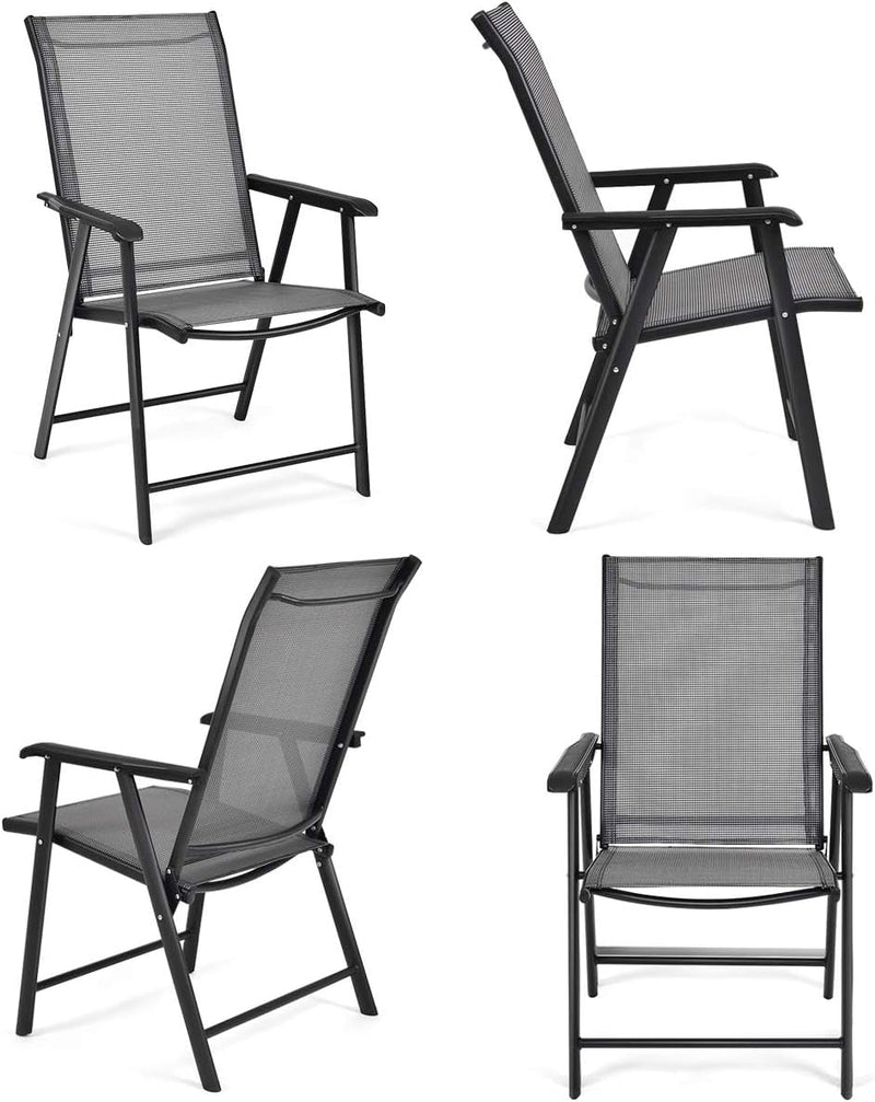 Giantex Set of 4 Patio Chairs, Outdoor Folding Chairs, Portable Dining Chairs for Garden Camping Poolside Beach Deck, Lawn Chairs with Armrest, 4-Pack Sling Chairs, Metal Frame, Grey