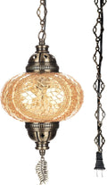 DEMMEX Authentic Turkish Plug in Pendant Light, 6.5" Big Size Globe, Made in Turkey, Turkish Moroccan Mosaic Ceiling Hanging Pendant Light Fixture Lamp, Swag Plug in with 15Ft Cord and Chain