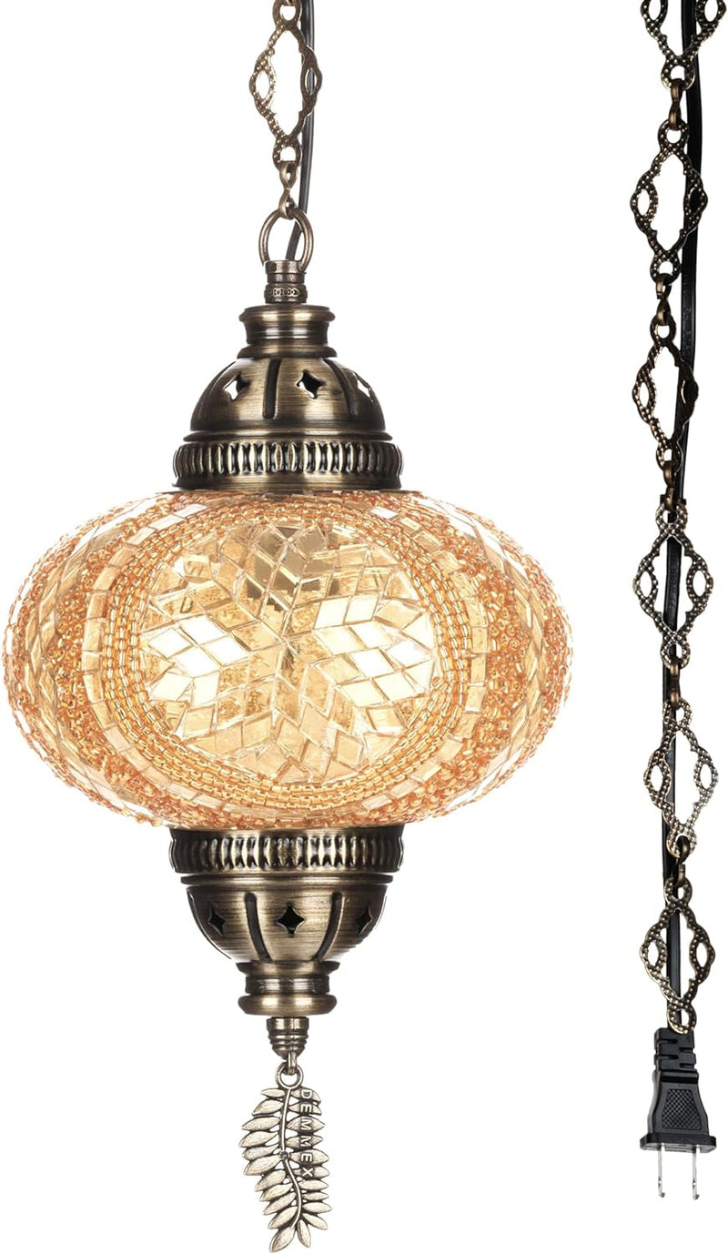 DEMMEX Authentic Turkish Plug in Pendant Light, 6.5" Big Size Globe, Made in Turkey, Turkish Moroccan Mosaic Ceiling Hanging Pendant Light Fixture Lamp, Swag Plug in with 15Ft Cord and Chain