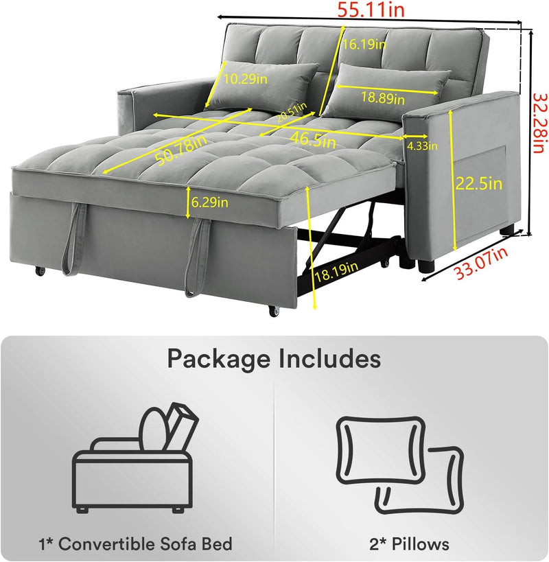 3 in 1 Convertible Sleeper Sofa Bed Velvet Chaise Lounge for Living Room, Ash Grey