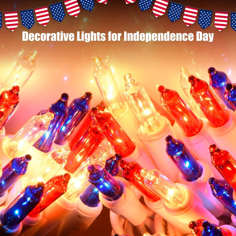 4Th of July Decorations Patriotic Lights 100 Count Mini Red White Blue Incandescent Bulb Plug in Independence Day Lights for Indoor Outdoor Home Garden Patriotic Theme Memorial Day Decorations
