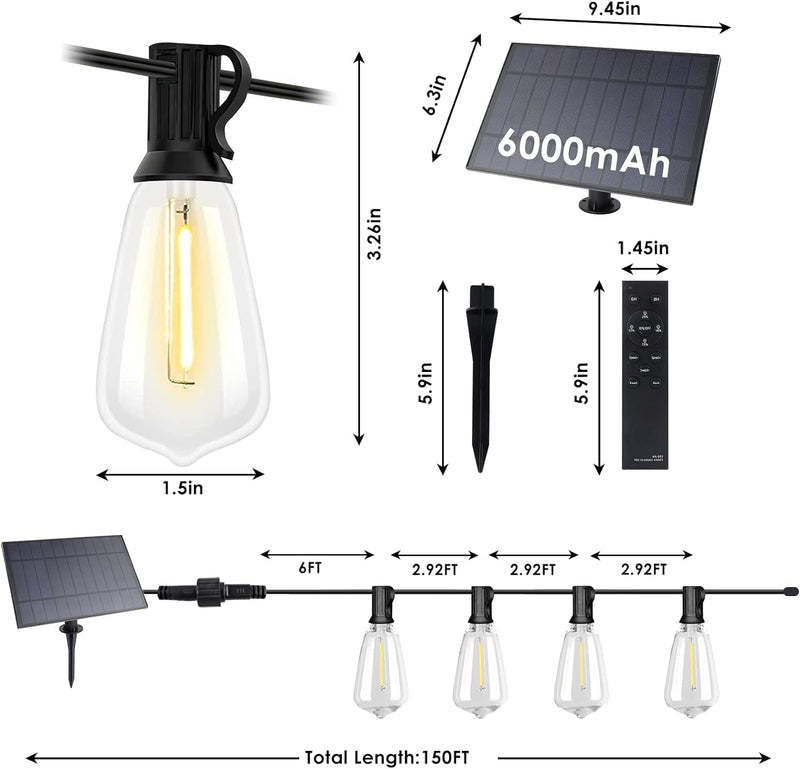 150FT Solar Outdoor String Lights Waterproof, Solar Powered Patio Lights with 52 Shatterproof ST38 Edison Bulbs & Remote Control,Dimmable LED Solar String Lights for Outside