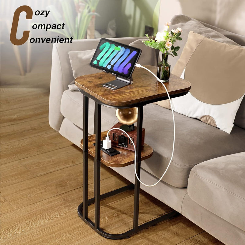 Allinside C Shaped End Table with Charging Station, 2-Tier Side Table with Storage Shelf Large Laptop TV Snack Tray Ideal for Couch, Sofa Slide Under, Bedside, Small Spaces (2 USB Ports & 2 Outlets)