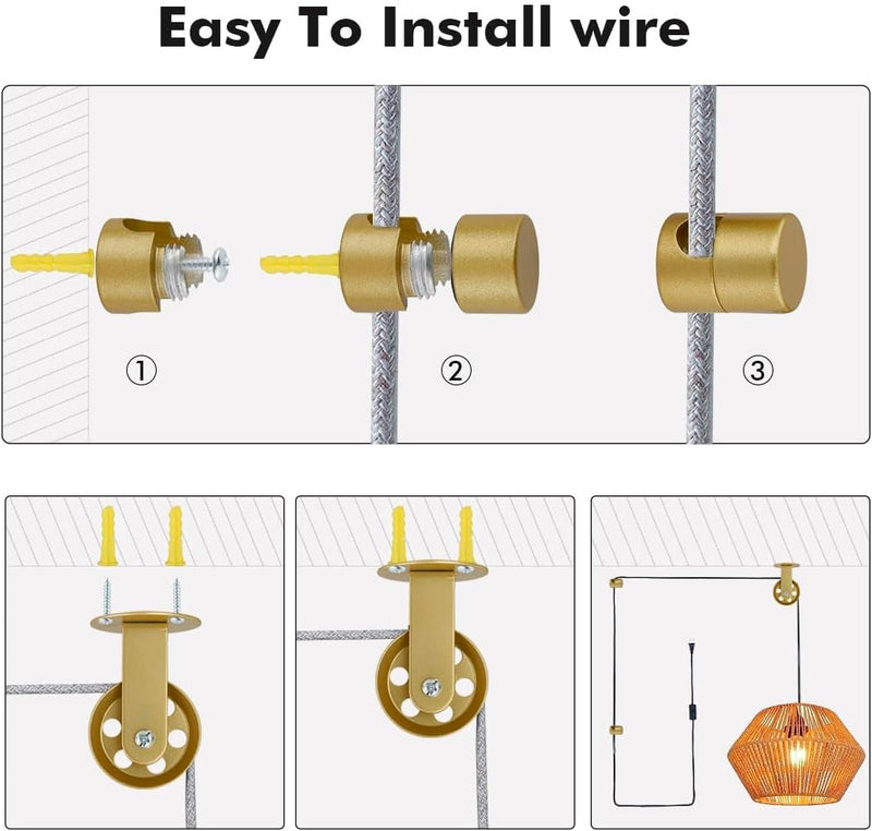 Gold Pulley Wheels Set of 2 for Plug in Pendant Light Fixture, Swag Hook for Pendant Lighting Chandelier Ceiling Lights Cable, Wall Ceiling Mount Pulley Lamp Hooks for Hanging Lamp Ceiling (2 Pack)