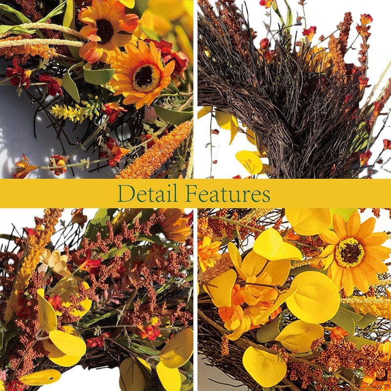 20Inch Fall Wreaths for Front Door, Sunflower Autumn Wreath for Front Door Farmhouse Indoor Outdoor(Small Sunflower, 20 Inch)