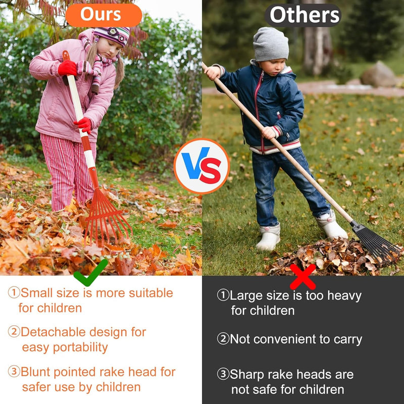 2PCS Kids Rakes for Leaves, 28" Child Size Garden Rake Childrens Lawn Rake Toddler Leaf Rake Blue Red Plastic Head Kid Yard Rakes with Detachable Hardwood Handle Great Gardening Tools for Boy Girl