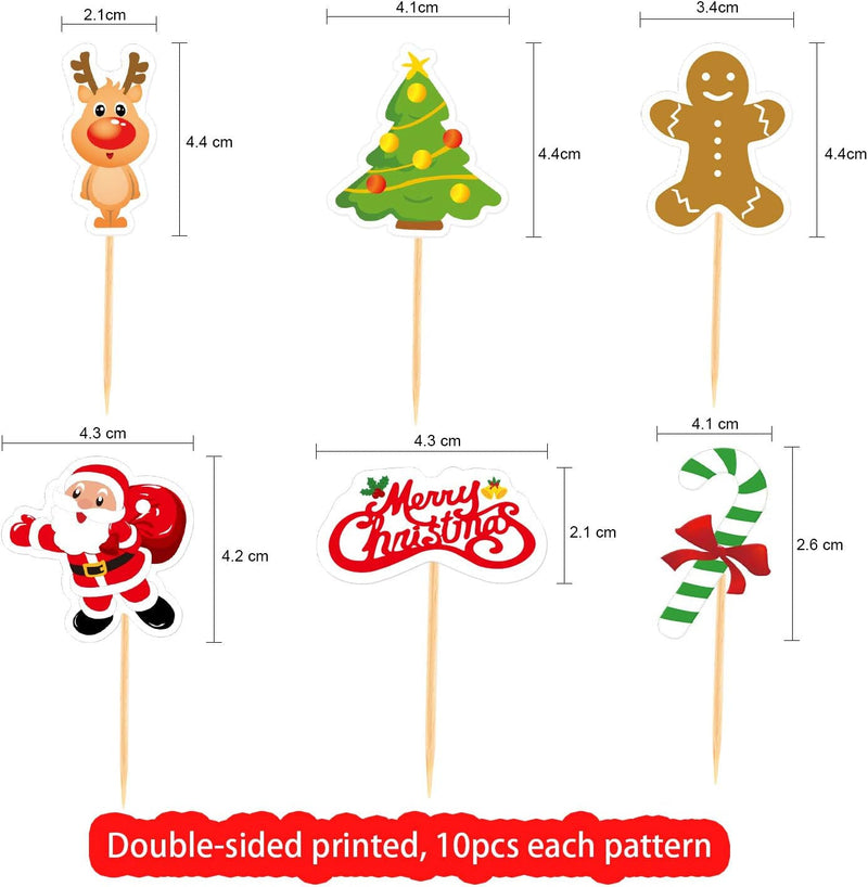 FEPITO 60 Pieces Christmas Cupcake Toppers Picks Merry Christmas Toothpick Flags for Christmas Cake Decorations Christmas Party Holiday Supplies