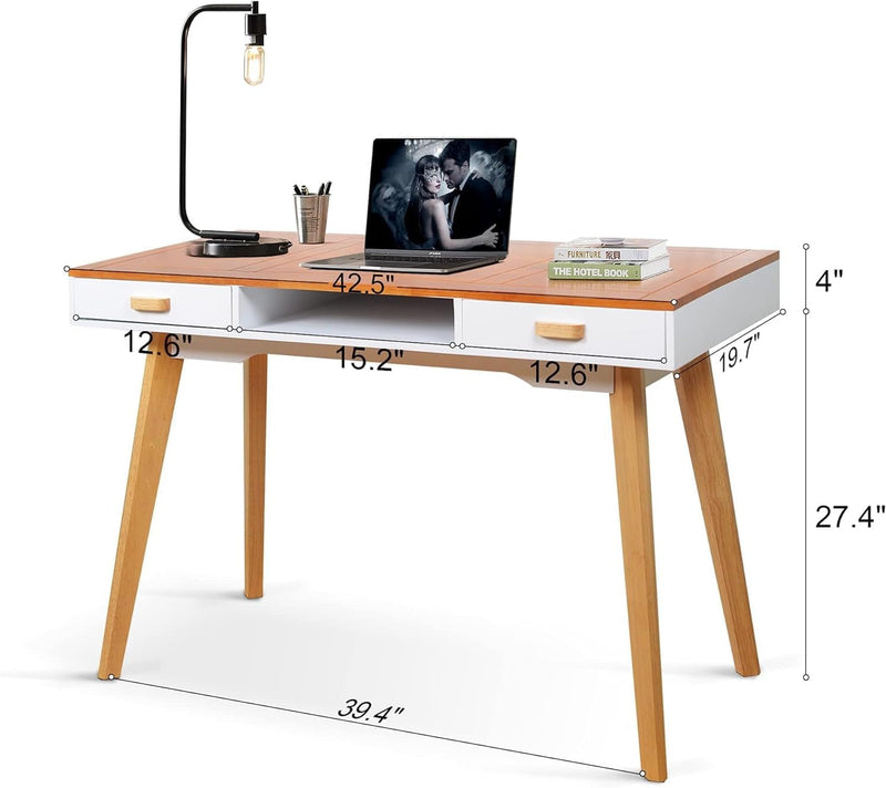 Brefhome Solid Wood Office Desk with 2 Drawers and Opening Storage Cube, Modern Standing Home Computer Desk for Women, 42.5 Inch Sturdy Writing Desk for Small Work Space, Bedroom