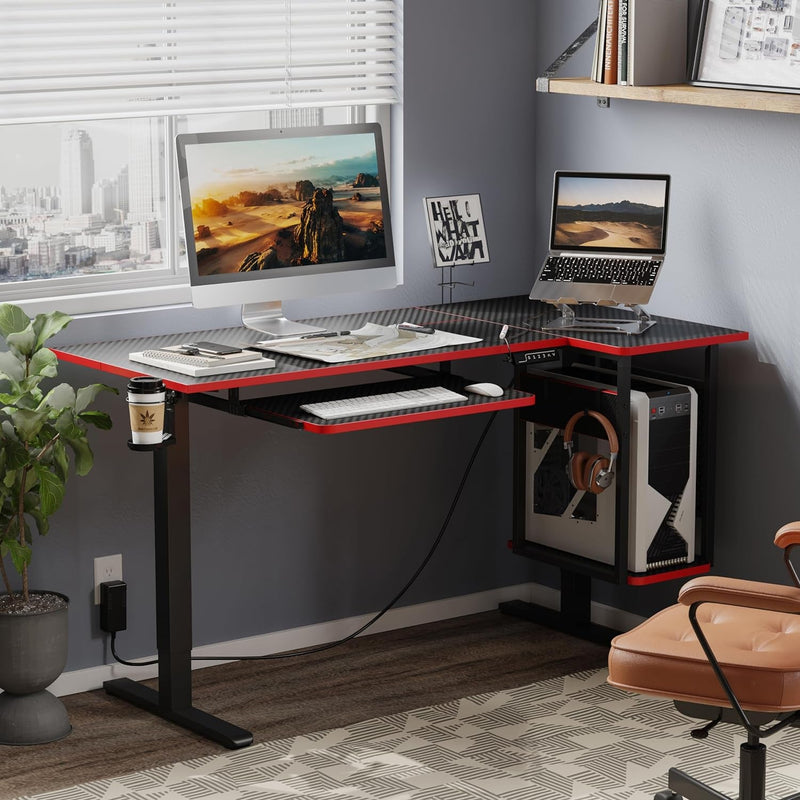 Bestier L Shaped Electric Standing Desk Adjustable Height with Keyboard Tray, Host Shelf & Pegboard (Black 3D Carbon Fiber with Red Edge)