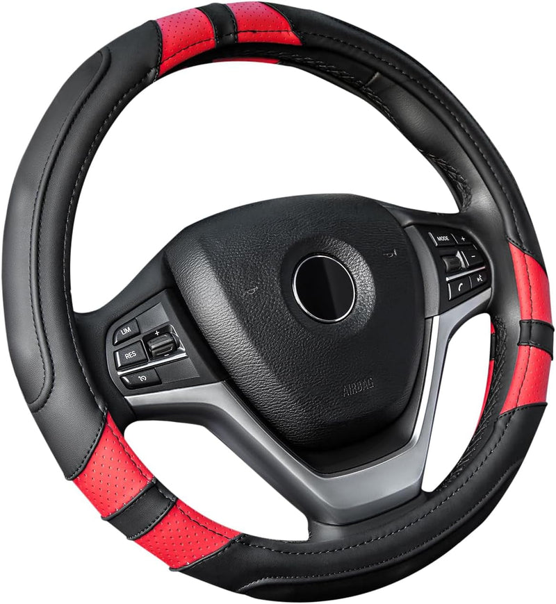 Achiou Black and Red Car Steering Wheel Cover Universal 15 Inch with Grip Contours, Leather Auto for Men and Women Non-Slip Breathable Soft and Comfortable