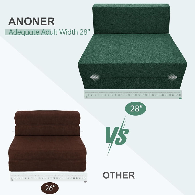 ANONER Convertible Chair Bed Sleeper with Memory Foam & Pillow Fold Out Chair Bed Couch Lounge Chaise for Living Room Bedroom Guest Room Home Office, Dark Green
