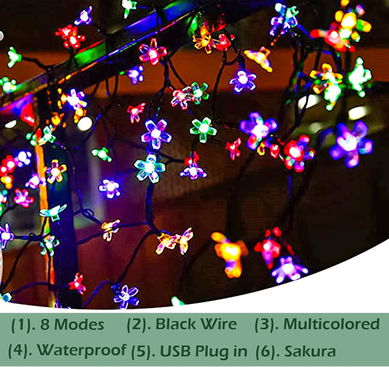 Cute Cherry Blossom Decorative String Lights, 33Ft 100 LED USB Plug in Flower Decorations with Timer, Festival Wedding Party Christmas Tree Garland Camping Tent Room Hanging (Multicolor)