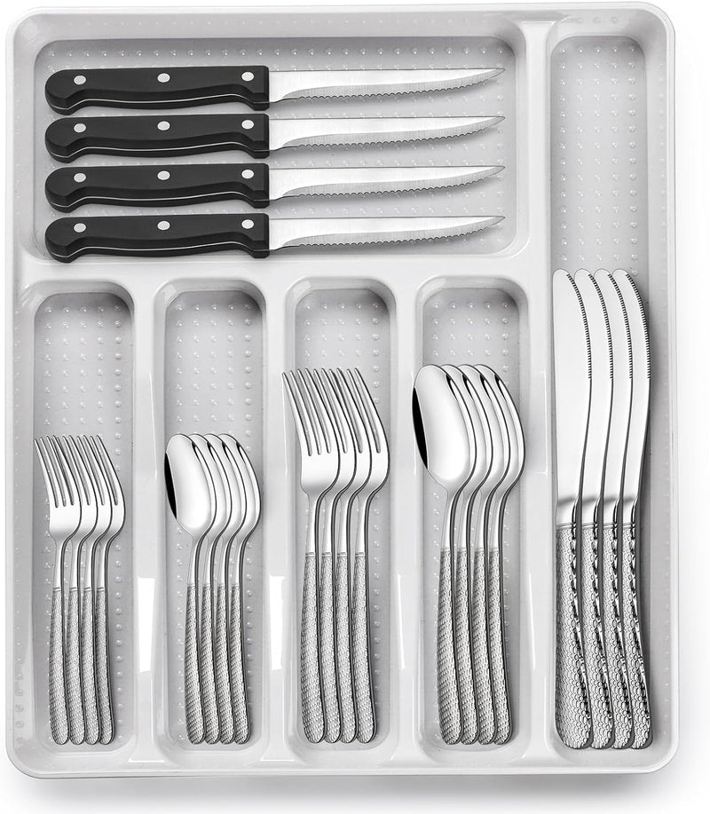 49-Piece Silverware Set with Organizer, Heavy Duty Stainless Steel Flatware for 8, Cutlery Utensil Sets with Steak Knives, Rust-Proof, Mirror Polished, Dishwasher Safe