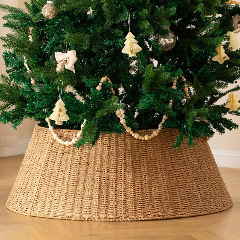 36In Extra Large Christmas Tree Collar - Wicker Woven Tree Collars for Artificial Trees - Large Rattan Rustic Farmhouse Basket for Tree Base Cover with Cord Cut-Out for 7.5Ft 9Ft 12Ft Tree