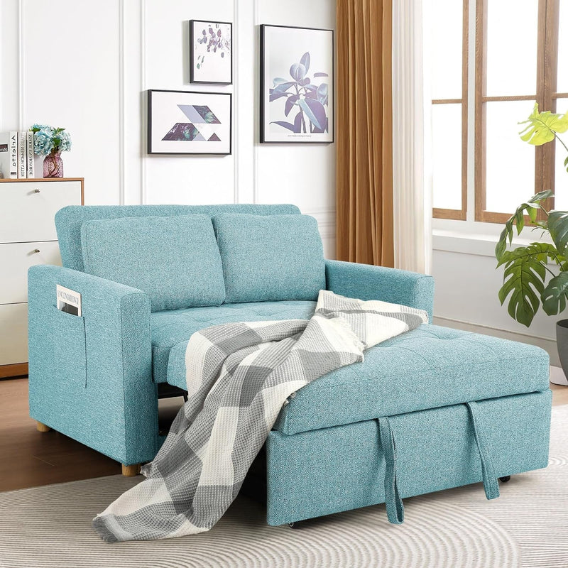 Umwandelbares Schlafsofa, 3-in-1-Schlafsofa, Ausziehcouch, 2-Sitzer-Futonsofa aus Leinenstoff mit Federunterstützung, verstellbare Rückenlehne für kleine Räume, Wohnzimmer, Olivgrün