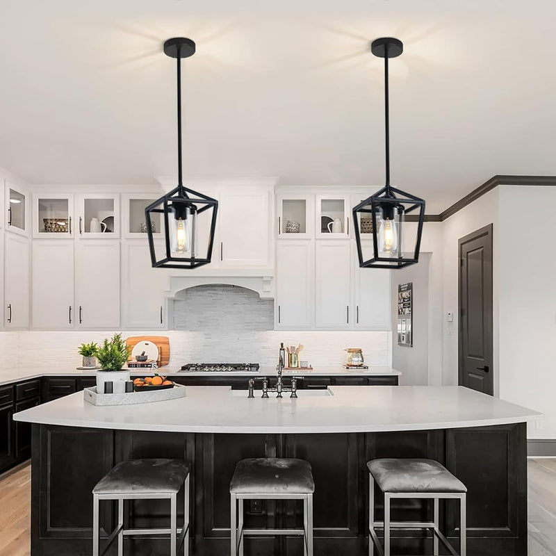Black Pendant Light, Modern Vintage Cage Hanging Lamp Industrial Farmhouse Pendant Lighting Fixture with Glass Shade for Kitchen Island Dining Room