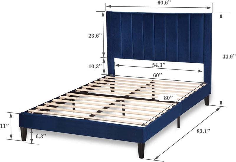 Allewie Queen Platform Bed Frame/Velvet Upholstered Bed Frame with Vertical Channel Tufted Headboard/Strong Wooden Slats/Mattress Foundation/Box Spring Optional/Easy Assembly/Navy Blue