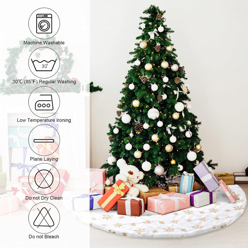 COOLWUFAN 48 Inches Christmas Tree Skirt for Xmas Tree Holiday Party Decoration White Plush Gold Sequin Snowflake (Gold)