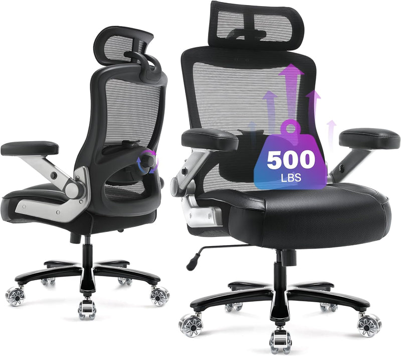 500Lbs Big and Tall Office Chair- Heavy Duty Executive Computer Chair with 3D Flip Arms Large Wheels, Ergonomic Mesh High Back Desk Chair, Extra Wide Seat Adjustable Lumbar Support&Headrest