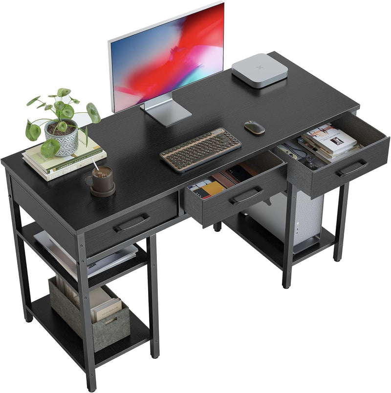 BANTI Office Small Computer Desk, Home Table with Fabric Drawers & Storage Shelves, Modern Writing Desk, White