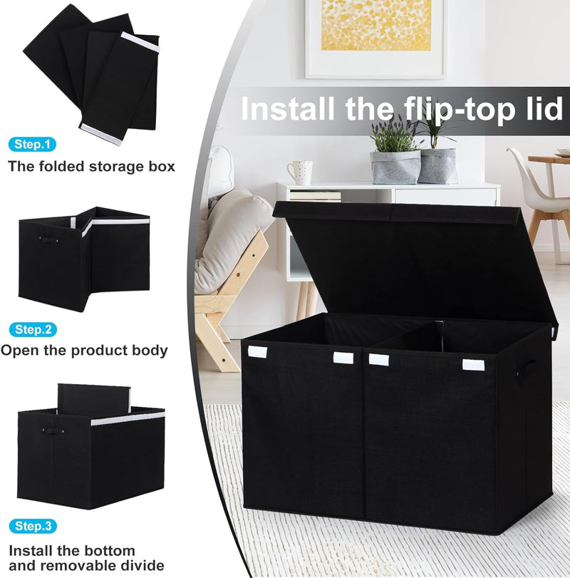 122L Large Toy Box Chest with Lid, Foldable Toy Storage Organizer Bin Boxes with Removable Divider for Kids, Boys, Girls, Nursery, Playroom, 26"X17" X17"(Linen Black)