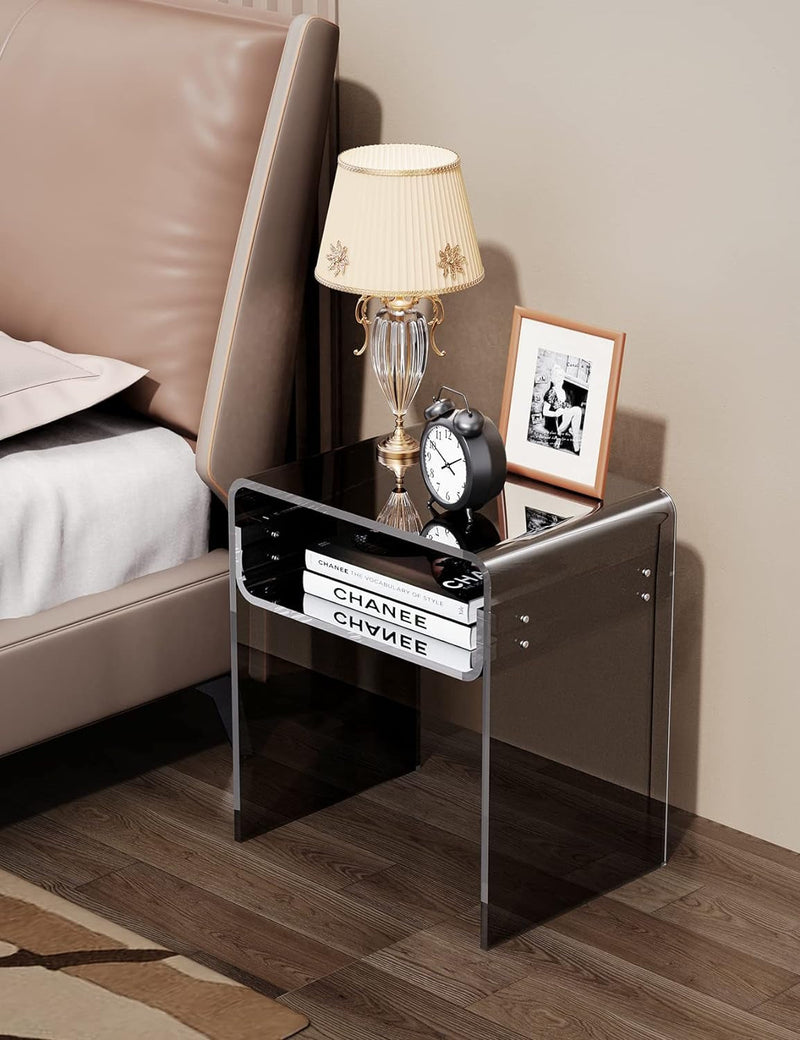 Clear Acrylic End Table 2-Tier Bedside Nightstand for Living Room Bedroom Home Decor (Black)