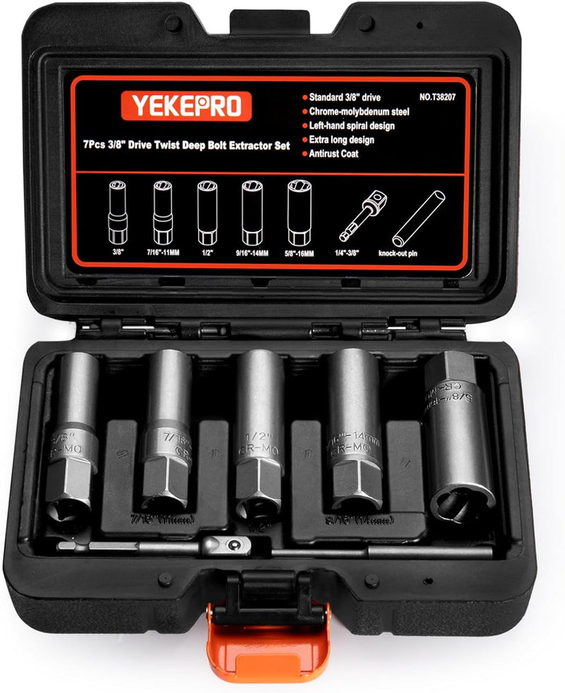 7 PCS Bolt Extractor Kit, 3/8" Drive Spark Plug Removal Extraction Socket Tool, Spiral Deep Bolt Extractor Set for Damaged, Frozen, Rusted, Rounded-Off Bolts, Studs, Nuts & Screws, T38207