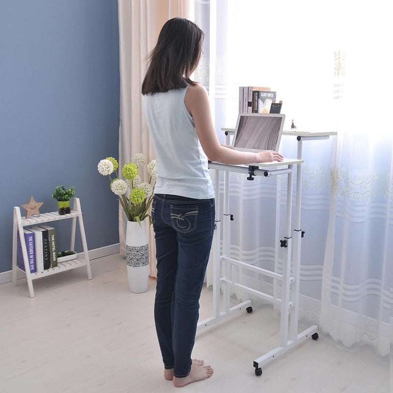 Dlandhome Mobile Standing Desk Stand up Desk Rolling Desk, Stand Sit Desk Mobile Computer Desk Adjustable Standing Desk 23.6Inches Table Workstation Mobile Desk Cart Tray White