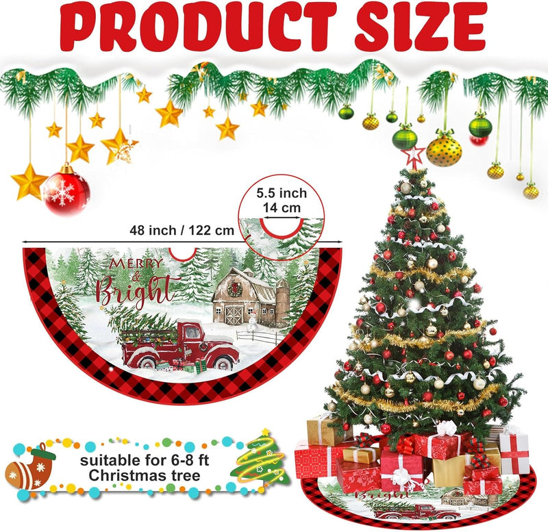 Blosssound Christmas Tree Skirt 48 Inch Red and Black Buffalo Plaid Tree Skirt Red Truck Xmas Tree Skirt Decor Retro Tree Mat for Winter Holiday Farmhouse Christmas Party Tree Decoration