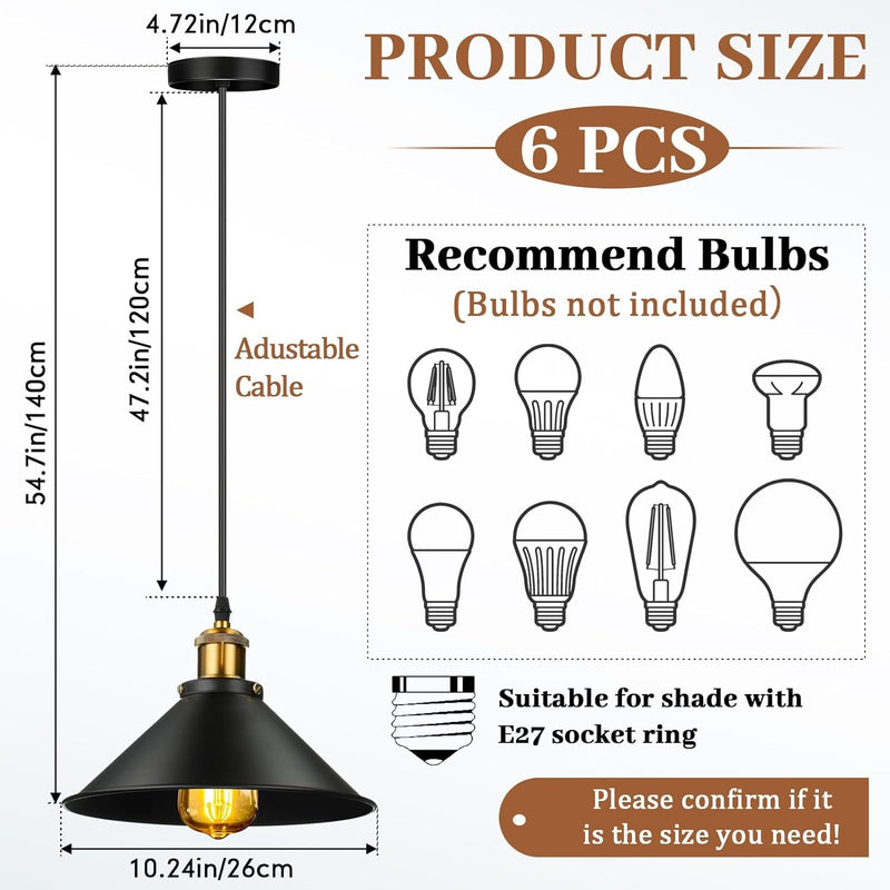 6 Pieces Industrial Pendant Lights E26 E27 Base Black Farmhouse Lampshade for Hanging Light Vintage Metal Shade Light Fixtures Barn Hanging Lighting for Kitchen Dining Room Home Bar Foyer