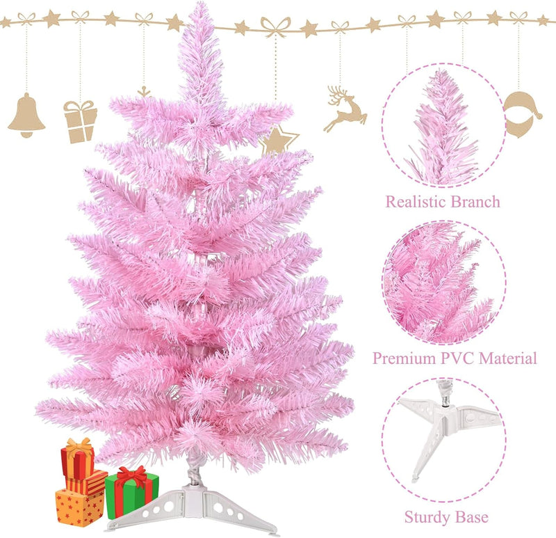 2FT Artificial Christmas Tree Pink Tabletop Christmas Tree with Plastic Stand Mini Xmas Pine Tree for Party Supplies Indoor Outdoor Holiday Home Decoration (Pink)