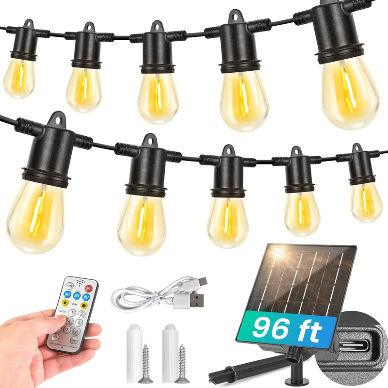 36FT Solar String Lights Outdoor Waterproof 10+1 LED Bulbs Remote Control Timer Dimmable 8 Modes USB Port Solar Lights for Outside, Outdoor Lights for Patio, Yard, Balcony, Garden, Camping