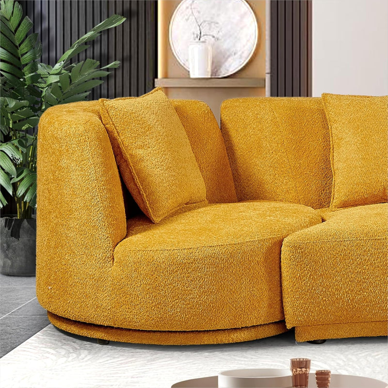 110" Cloud Curved Sofa for Living Room Mid-Century Sofa with 360 Degree Swivel Chair 4 Throw Pillows Comfy Boucle Couch, Luxury 5-Seat Leisure Deap Seat Sectional Sofá Yellow