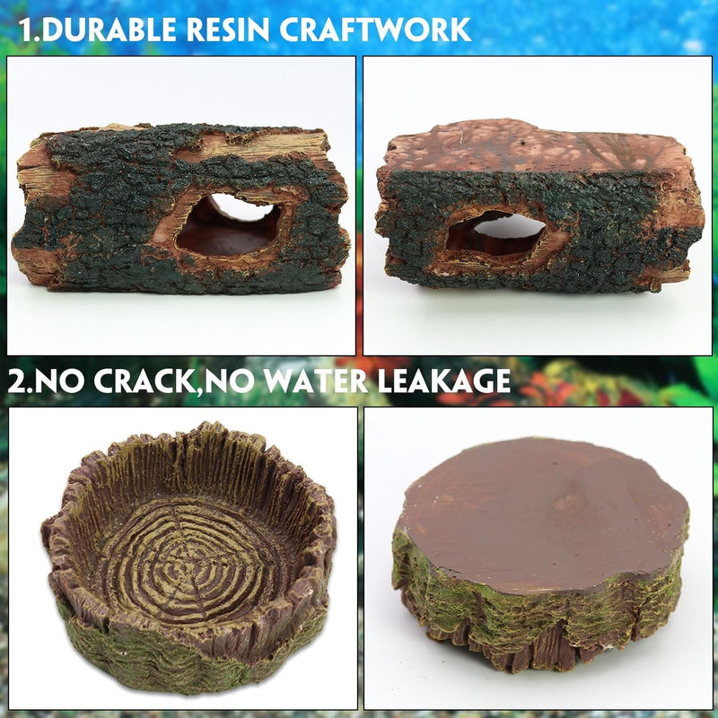 3Pcs Reptile Hide Cave Small Lizard Reptile Food＆Water Bearded Dragon Bowls Accessories,Natural Resin Hollow Tree Trunk Hideout,Hermit Crab Supplies Trunk Snake Gecko Frogs Fish Tanks Decor