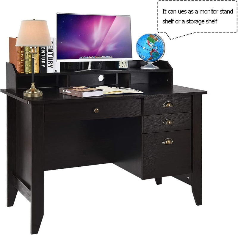 Catrimown Computer Desk with Drawers and Hutch, Wood Office Desk Teens Student Desk Study Table Writing Desk for Bedroom Small Spaces Furniture with Storage Shelves, Espresso Brown