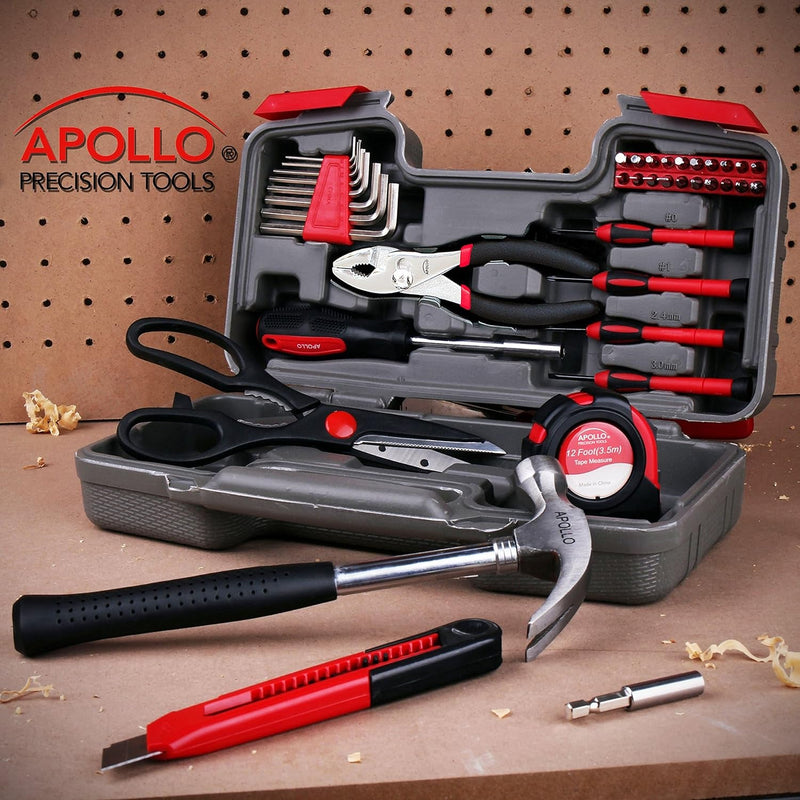 APOLLO TOOLS Original 39 Piece General Household Tool Set in Toolbox Storage Case with Essential Hand Tools for Everyday Home Repairs, DIY and Crafts Red/Black - DT9706