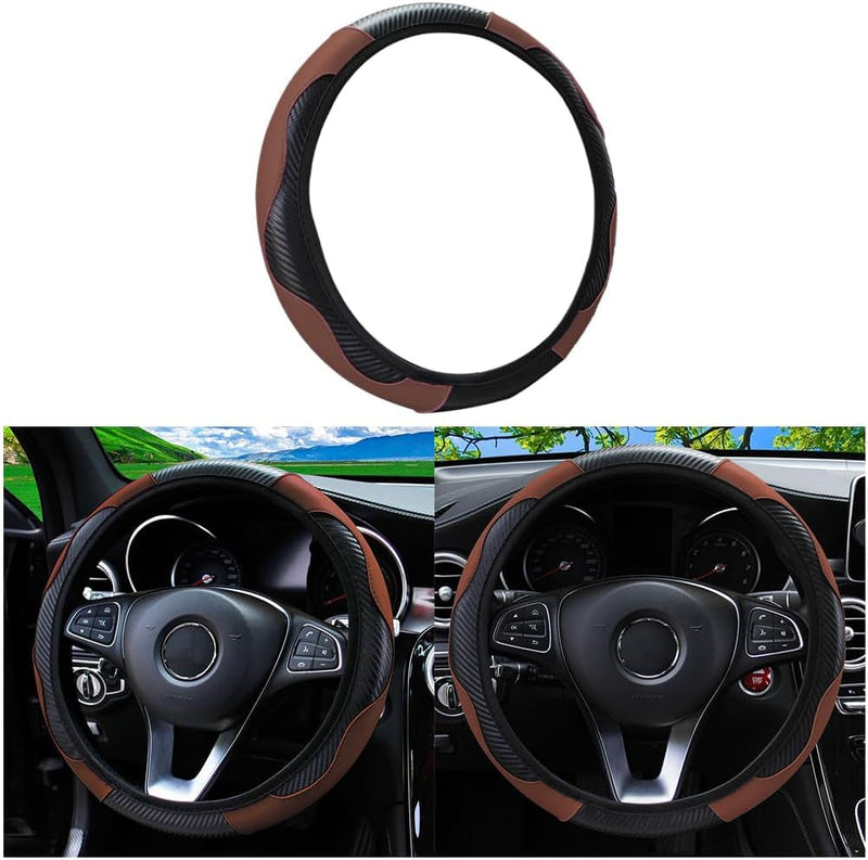 Car Steering Wheel Cover, Microfiber PU Leather Elastic Carbon Fiber Auto Steering Wheel Protector, 15 Inch Breathable Anti-Slip for Women Men, Car Interior Accessories for Most Cars (Black/Red)