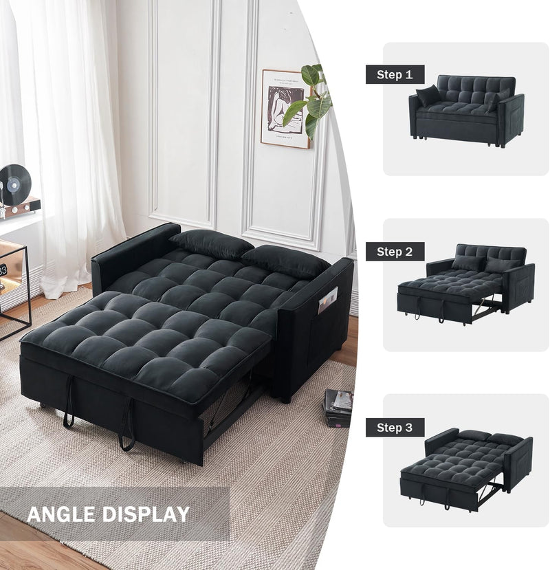 3-In-1 Convertible Sleeper Sofa Bed, Modern Pullout Couch Bed with Pull Out Bed, Adjustable Backrest, Futon Sofa for Living Room Furniture (Black)