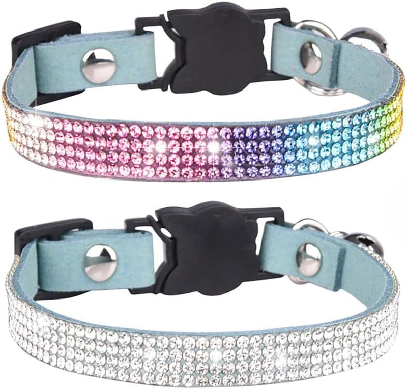 Blue Fancy Kitten Collar with Bells, 2-Pack Breakaway Cat Collars with Rhinestone, Pretty Sparkly Bling Diamond Girl Puppy Collar for XXS XS Tiny Female Dogs, Xxsmall