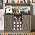 4Ever2Buy Farmhouse Coffee Bar Cabinet with Storage, Gray Coffee Bar with 6 Hooks, Coffee Bar Table with Sliding Barn Door, Wine Bar Cabinet with Adjustable Shelf for Living Dining Room